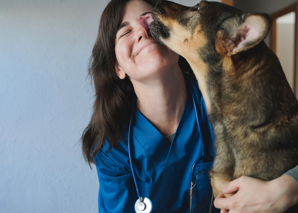 veterinary assistant cuddling stray dog