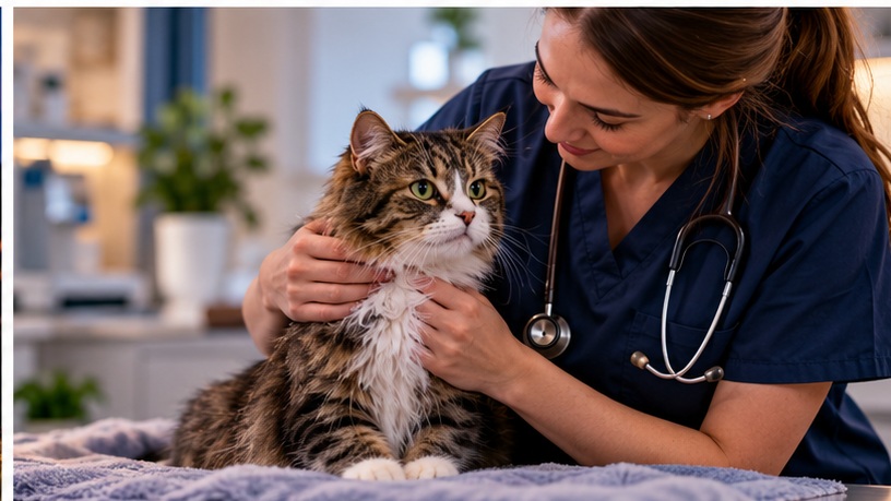 Veterinary professional gently reassuring a cat