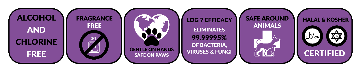 SANI-99 For Vets key features including alcohol and chlorine free, fragrance free, gentle on hands and safe on paws, Log 7 efficacy, safe around animals, and Halal and Kosher certified