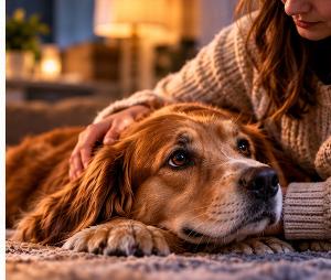 Dog being calmly reassured by its owner